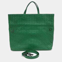Pre Owned Bottega Veneta Green Leather Mesh Tote And Shoulder Bag