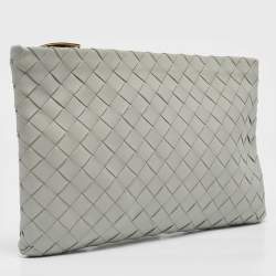 Pre Owned Bottega Veneta Grey Intrecciato Leather Zip Pochette