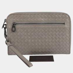 Bottega Veneta Grey Intrecciato Leather Document Case Clutch Bag