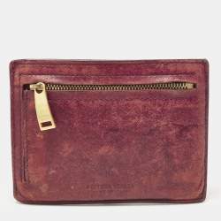 Pre Owned Bottega Veneta Burgundy Intrecciato Leather Zip Card Holder