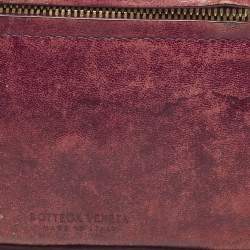 Pre Owned Bottega Veneta Burgundy Intrecciato Leather Zip Card Holder
