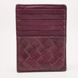 Pre Owned Bottega Veneta Burgundy Intrecciato Leather Zip Card Holder