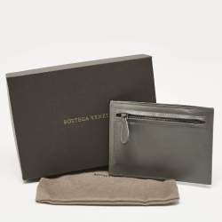 Pre Owned Bottega Veneta Grey Intrecciato Leather Zip Card Holder
