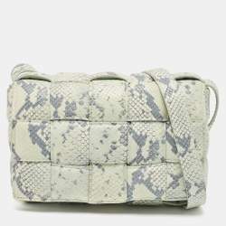Pre Owned Bottega Veneta Light Turquoise/Blue Python Embossed Leather Padded Cassette Shoulder Bag