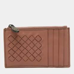 Bottega Veneta Dusty Pink Leather Intrecciato Zip Card Case