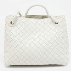 Pre Owned Bottega Veneta White Intrecciato Leather Small Andiamo Tote