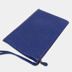 Bottega Veneta Blue Leather Intrecciato Pouch Bag