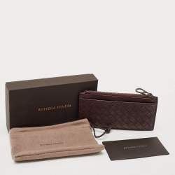 Pre Owned Bottega Veneta Dark Brown/Red Intrecciato Leather Zip Card Case