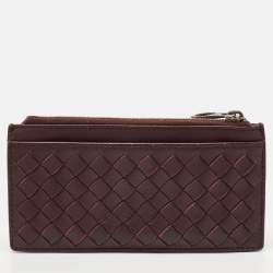 Pre Owned Bottega Veneta Dark Brown/Red Intrecciato Leather Zip Card Case