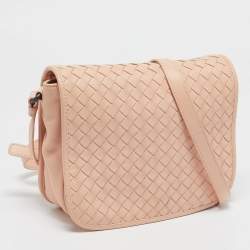 Pre Owned Bottega Veneta Peach Intrecciato Leather Flap Crossbody Bag