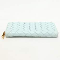 Pre Owned Bottega Veneta Blue Intrecciato Leather Zip Around Wallet