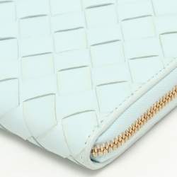 Pre Owned Bottega Veneta Blue Intrecciato Leather Zip Around Wallet