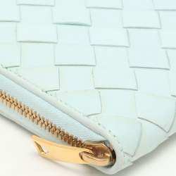 Pre Owned Bottega Veneta Blue Intrecciato Leather Zip Around Wallet