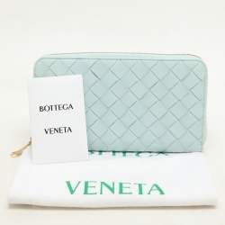 Pre Owned Bottega Veneta Blue Intrecciato Leather Zip Around Wallet