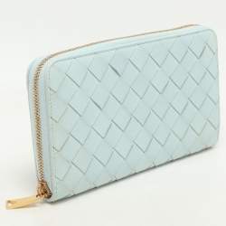 Pre Owned Bottega Veneta Blue Intrecciato Leather Zip Around Wallet