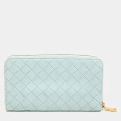 Pre Owned Bottega Veneta Blue Intrecciato Leather Zip Around Wallet