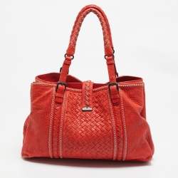 Bottega Veneta Red Intrecciato Pebbled Leather Medium Roma Tote