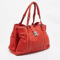Bottega Veneta Red Intrecciato Pebbled Leather Medium Roma Tote