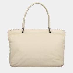 Pre Owned Bottega Veneta Off-White Leather Intrecciato-Trim Top Handle Bag