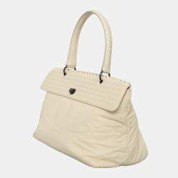 Pre Owned Bottega Veneta Off-White Leather Intrecciato-Trim Top Handle Bag