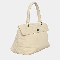 Pre Owned Bottega Veneta Off-White Leather Intrecciato-Trim Top Handle Bag