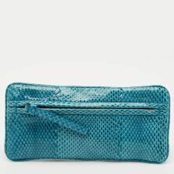 Bottega Veneta Blue Snakeskin Double Zip Clutch