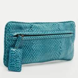 Bottega Veneta Blue Snakeskin Double Zip Clutch