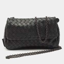 Pre Owned Bottega Veneta Black Intrecciato Leather Mini Flap Chain Crossbody Bag