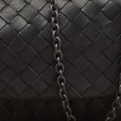 Pre Owned Bottega Veneta Black Intrecciato Leather Mini Flap Chain Crossbody Bag