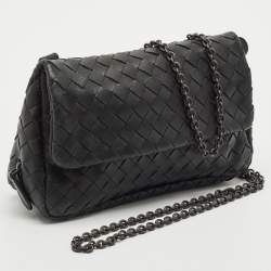 Pre Owned Bottega Veneta Black Intrecciato Leather Mini Flap Chain Crossbody Bag