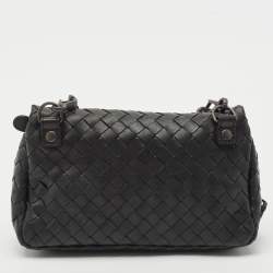 Pre Owned Bottega Veneta Black Intrecciato Leather Mini Flap Chain Crossbody Bag
