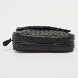 Pre Owned Bottega Veneta Black Intrecciato Leather Mini Flap Chain Crossbody Bag