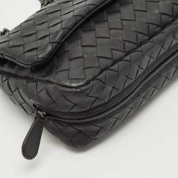 Pre Owned Bottega Veneta Black Intrecciato Leather Mini Flap Chain Crossbody Bag