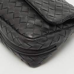 Pre Owned Bottega Veneta Black Intrecciato Leather Mini Flap Chain Crossbody Bag