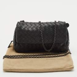 Pre Owned Bottega Veneta Black Intrecciato Leather Mini Flap Chain Crossbody Bag