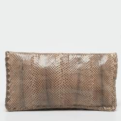 Bottega Veneta Beige/Black Watersnake Turnlock Flap Clutch