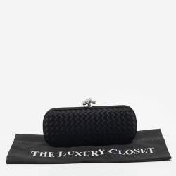Pre Owned Bottega Veneta Black Intrecciato Satin Stretch Knot Clutch