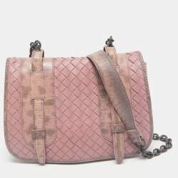 Bottega Veneta Pink Intrecciato Leather and Karung Flap Crossbody Bag