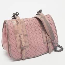 Bottega Veneta Pink Intrecciato Leather and Karung Flap Crossbody Bag