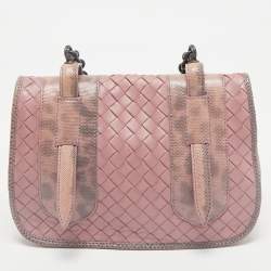 Bottega Veneta Pink Intrecciato Leather and Karung Flap Crossbody Bag