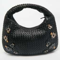 Pre Owned Bottega Veneta Black/Metallic Grey Intrecciato Leather Medium Applique Veneta Hobo