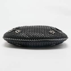 Pre Owned Bottega Veneta Black/Metallic Grey Intrecciato Leather Medium Applique Veneta Hobo