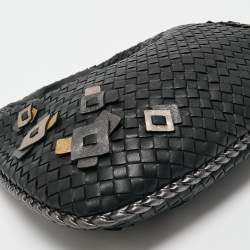 Pre Owned Bottega Veneta Black/Metallic Grey Intrecciato Leather Medium Applique Veneta Hobo