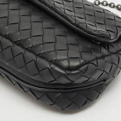 مملوكة مسبقًا Bottega Veneta Black Intrecciato Leather Flap Chain Crossbody Bag