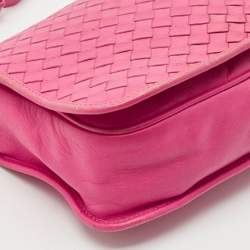 Pre Owned Bottega Veneta Fuchsia Intrecciato Leather Flap Crossbody Bag