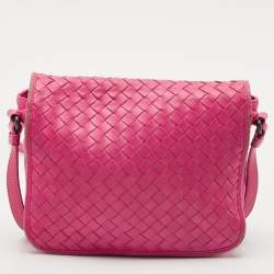 Pre Owned Bottega Veneta Fuchsia Intrecciato Leather Flap Crossbody Bag