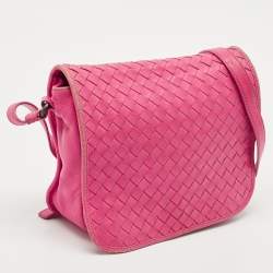 Pre Owned Bottega Veneta Fuchsia Intrecciato Leather Flap Crossbody Bag