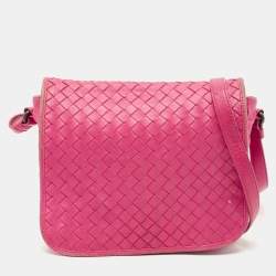 Pre Owned Bottega Veneta Fuchsia Intrecciato Leather Flap Crossbody Bag
