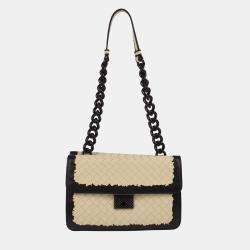 Bottega Veneta White Black Intrecciato Chain Shoulder Bag