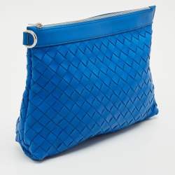 Pre Owned Bottega Veneta Blue Intrecciato Leather Top Zip Pouch